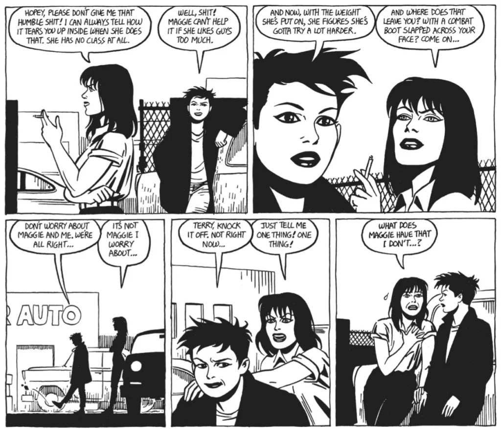 Panels from Love and Rockets Volume 1 issue 15 artwork by Jaime Hernandez