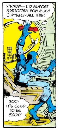 Panel from Blue Beetle #1 page 7. Story by Len Wein, artwork by Paris Cullins and Bruce Patterson.