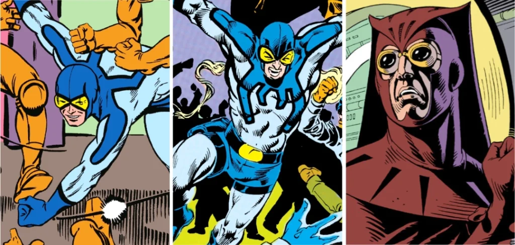 1967 Blue Beetle by Steve Ditko; 1986 Blue Beetle by  Paris Cullins and Bruce Patterson; Watchmen’s Nite Owl by Dave Gibbons.