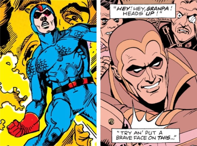 Original Blue Beetle Dan Garrett by Gil Kane; original Nite Owl Hollis Mason by Dave Gibbons.