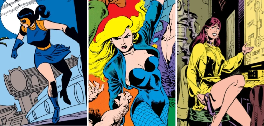 Nightshade by Steve Ditko; Black Canary by Alan Davis and Mark Farmer; Silk Spectre by Dave Gibbons.